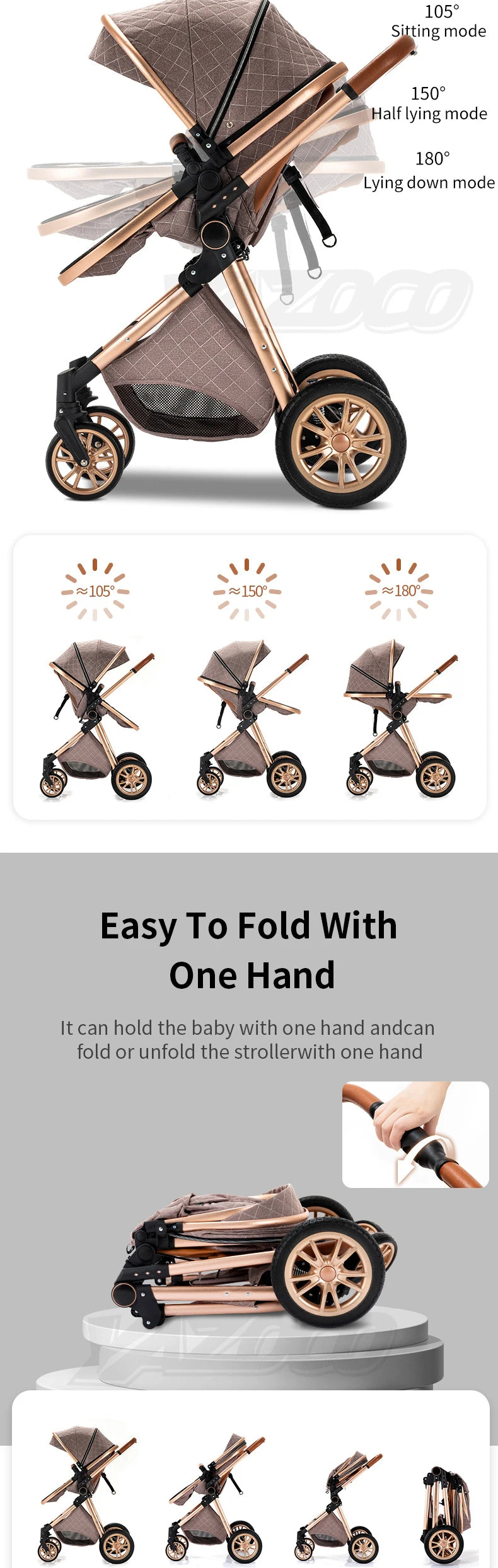 Luxurious Baby Stroller 3 in 1 Portable Travel Baby Carriage Folding Prams High Landscape Aluminum Frame Car for Newborn Baby
