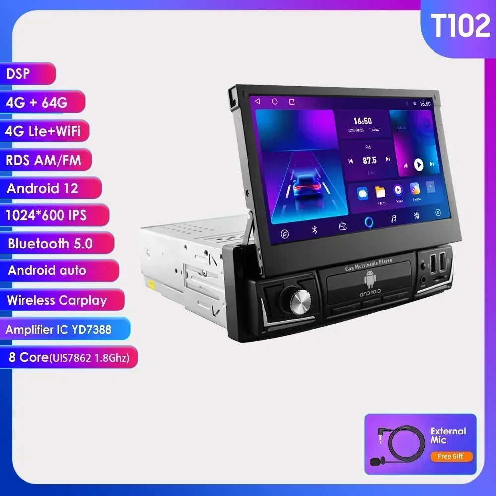 Android 14 Quad Core 2G 32G Single 1 Din Car Autoradio Player Universal Retractable Screen Car Radio WiFi MP5 Car GPS Navigation