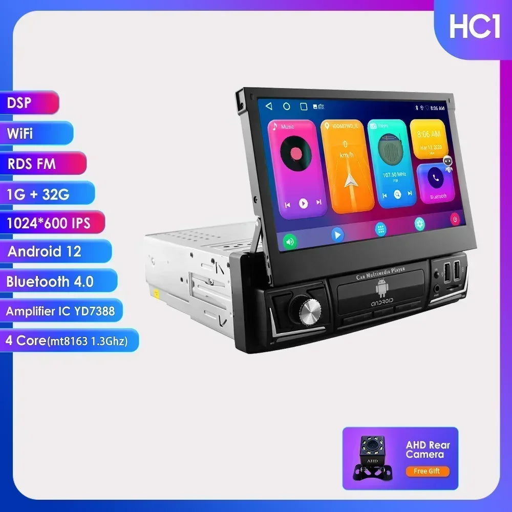 Android 14 Quad Core 2G 32G Single 1 Din Car Autoradio Player Universal Retractable Screen Car Radio WiFi MP5 Car GPS Navigation