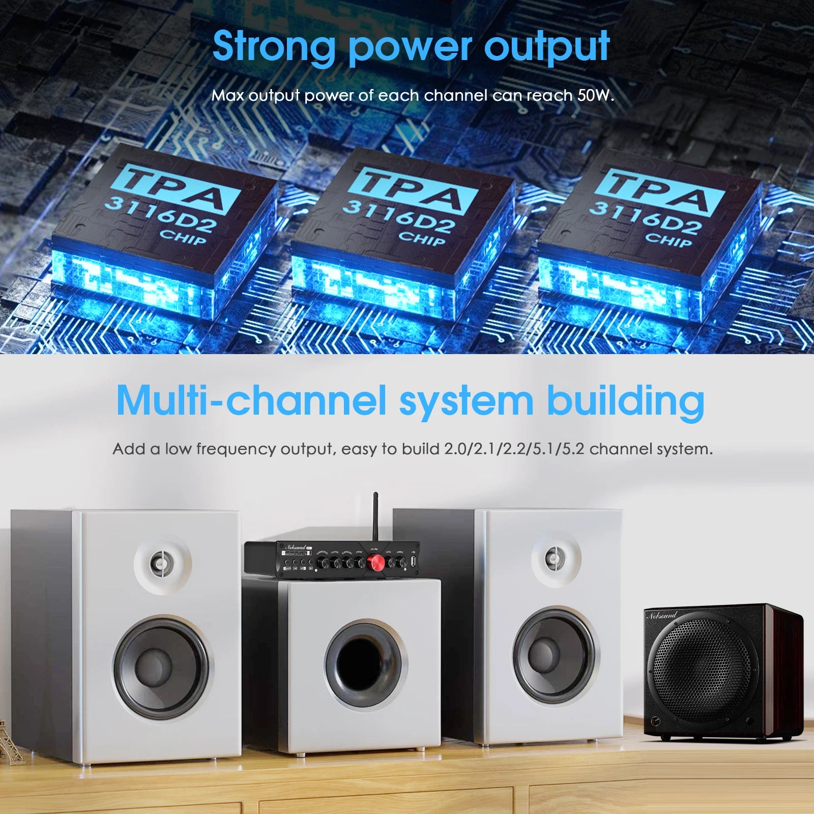 Nobsound M5.1 Digital Bluetooth Receiver 5.1 Channel Coaxial/Optical Home Theater Power Amp U-disk Subwoofer Amplifier
