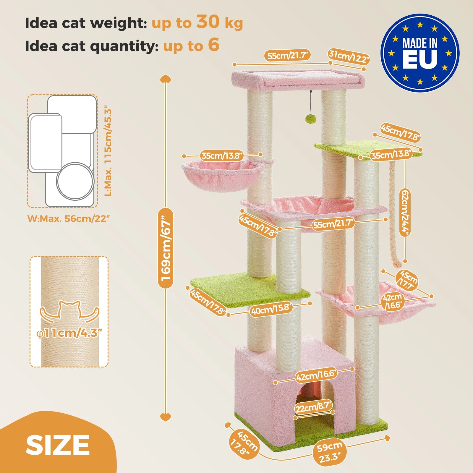 Big Cat Tree Tower for Large Cats Robust with Several Levels Cat House Climbing Tree with Hammock 11 Sisal Posts Large Perch