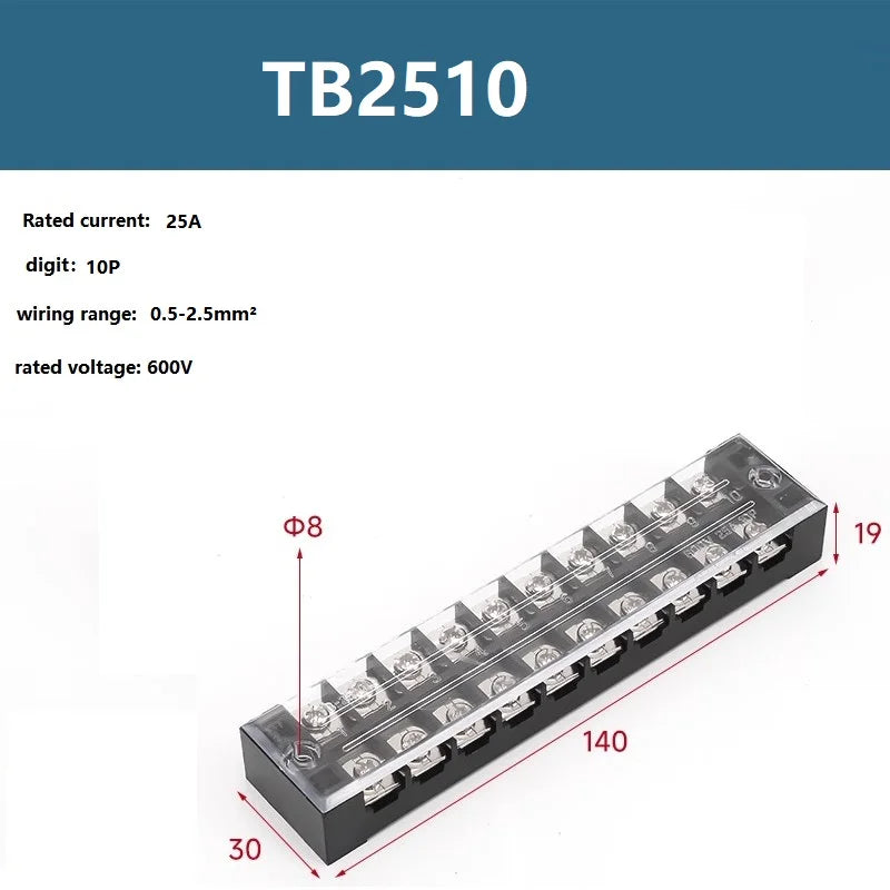 25A 600V Dual Row Barrier Screw Terminal Block Wire Connector TB Series 3 4 5 6 8 10 12 16 20 Positions Ways Factory Wholesale