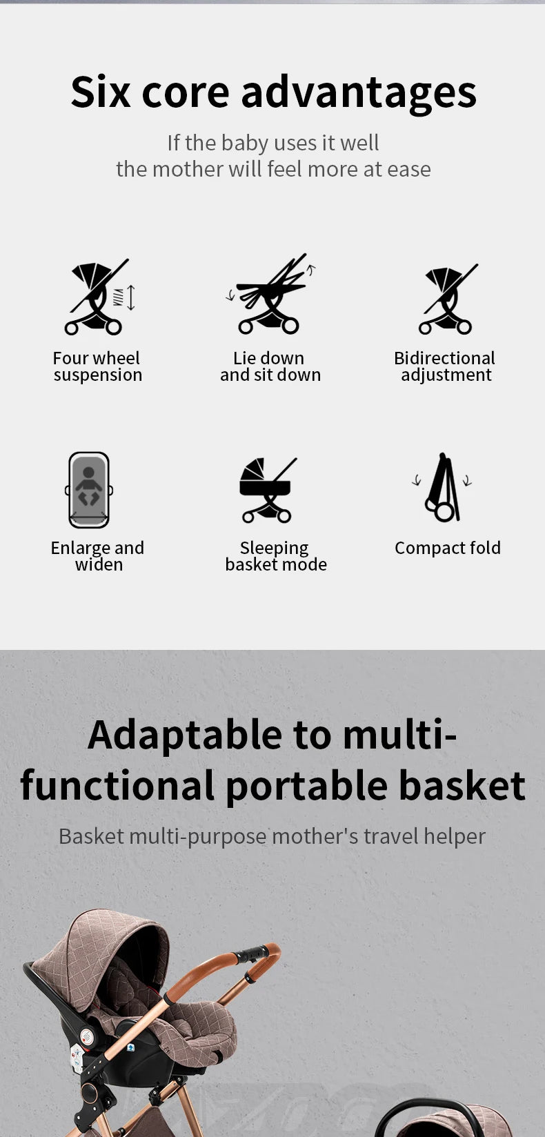 Luxurious Baby Stroller 3 in 1 Portable Travel Baby Carriage Folding Prams High Landscape Aluminum Frame Car for Newborn Baby