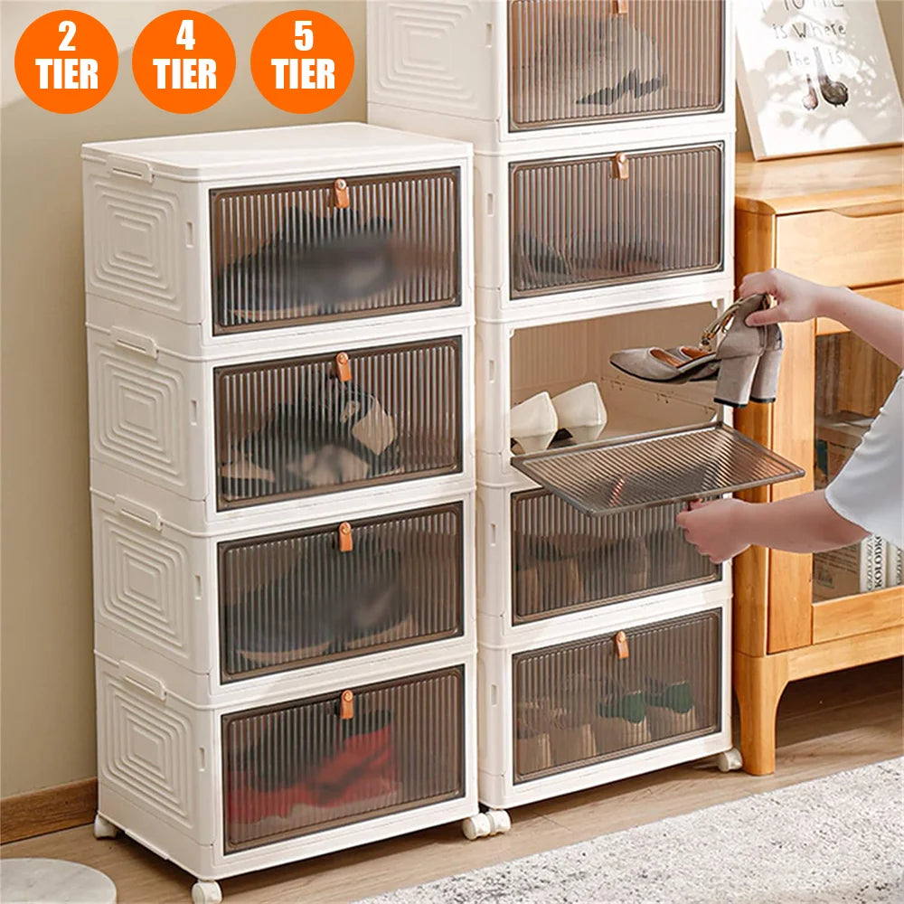 2/4/5 Tier Foldable Storage Box with Lid Collapsible Storage Shoes Rack Organizers Household Organizer Box with Wheels
