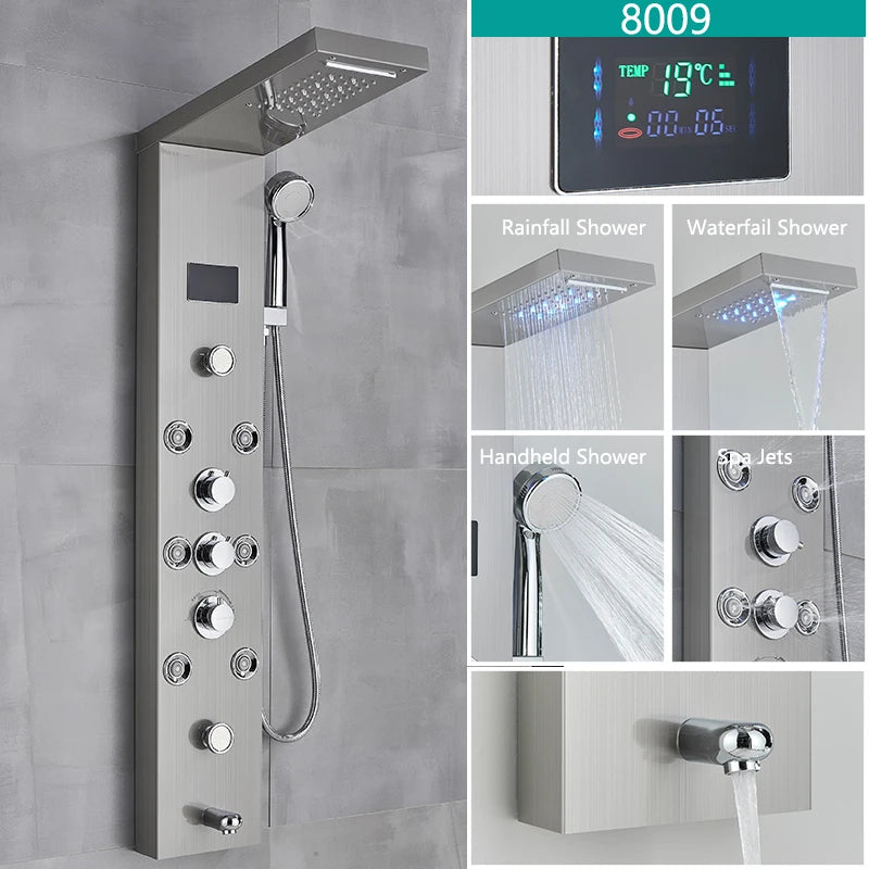 LED Light Bathroom Shower Faucet Set LED Rainfall Shower Panel System Bathtub Water Mixer Tap Massage SPA Temperature Screen