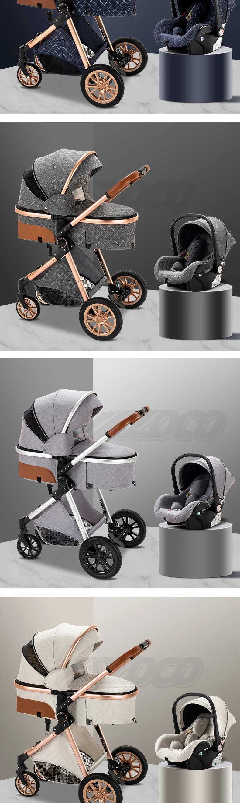 Luxurious Baby Stroller 3 in 1 Portable Travel Baby Carriage Folding Prams High Landscape Aluminum Frame Car for Newborn Baby