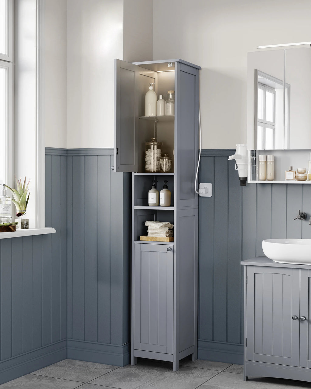 VASAGLE bathroom chest of drawers, bathroom cabinet with lighting, adjustable shelves