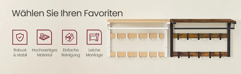 VASAGLE Wall wardrobe with Shelf Wall Shelf with 10 Removable Hooks Hangers No Matter Wall Mounted 2 Cloakroom Lits