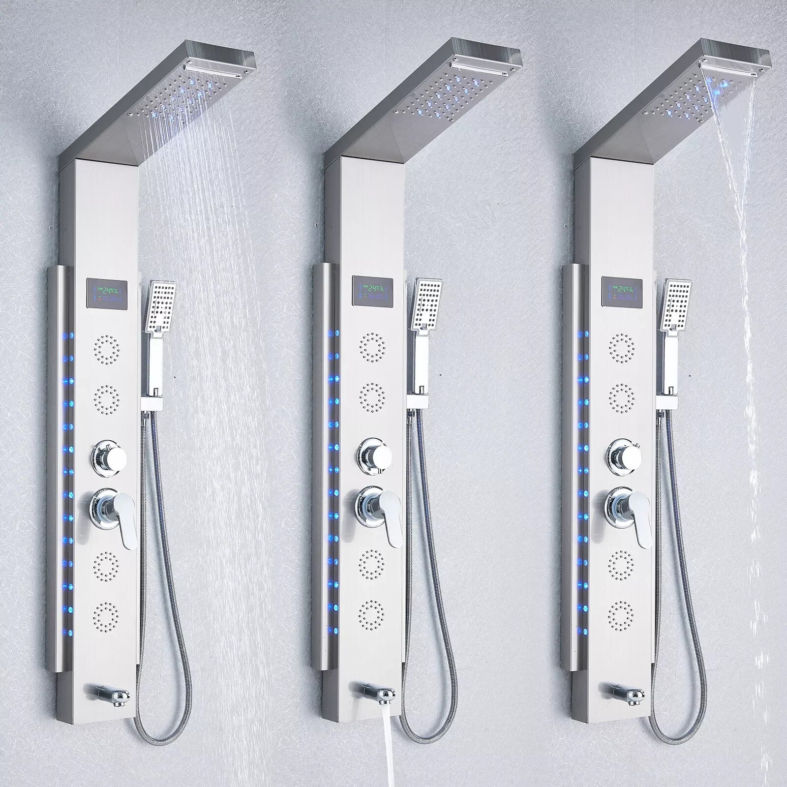 Rain Waterfall LED Shower Panel Black Shower Column Tower Digital Screen TEMP Mixer Tap Spray Bidet Shower Mixer Faucet