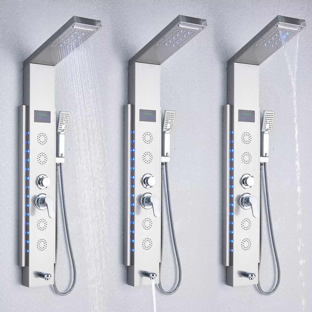 Rain Waterfall LED Shower Panel Black Shower Column Tower Digital Screen TEMP Mixer Tap Spray Bidet Shower Mixer Faucet