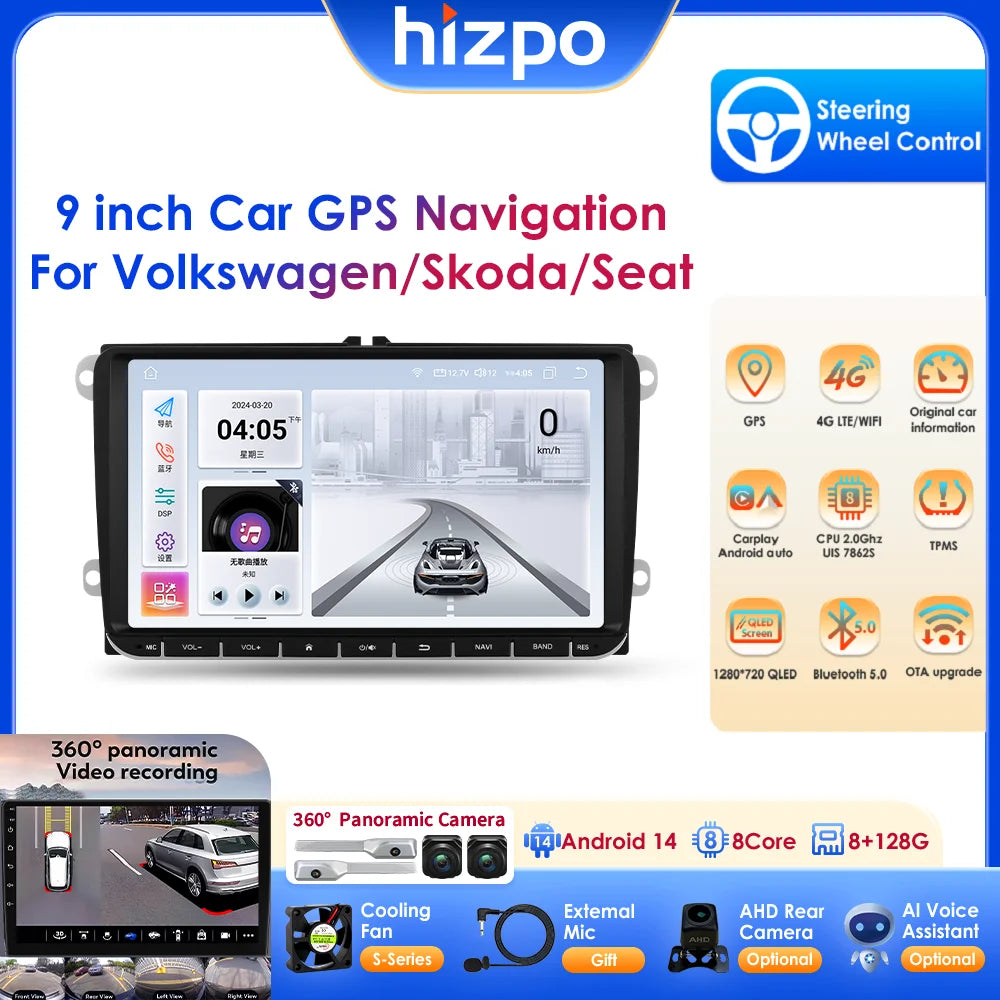 Hizpo 2din Carplay Android 14 UIS7862 Car Radio Multimedia Player for Volkswagen Golf Polo Tiguan Passat B7 B6 SEAT Leon DSP RDS