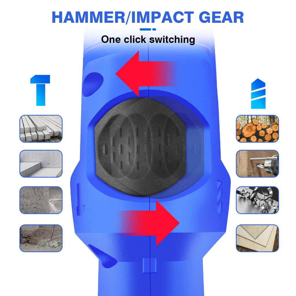 Power Electric Hammer Drill, 2 in 1 Function Rotary Hammer Drill, Variable Speed with Impact Drill Bit，360° Rotating Handle