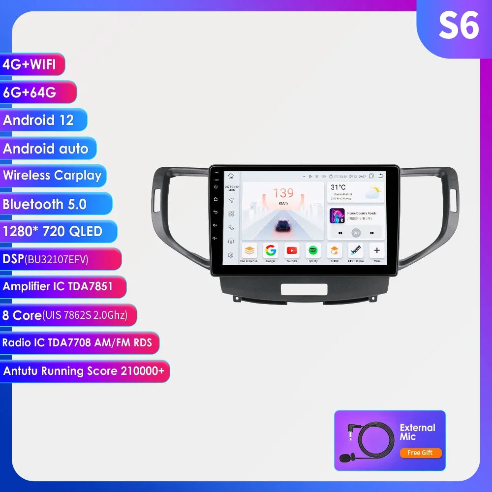 Android 12 for Honda Accord 8 Acura TSX 2008-2012 Auto radio Multimedia Video player GPS navigation Stereo 2din RDS DSP Carplay