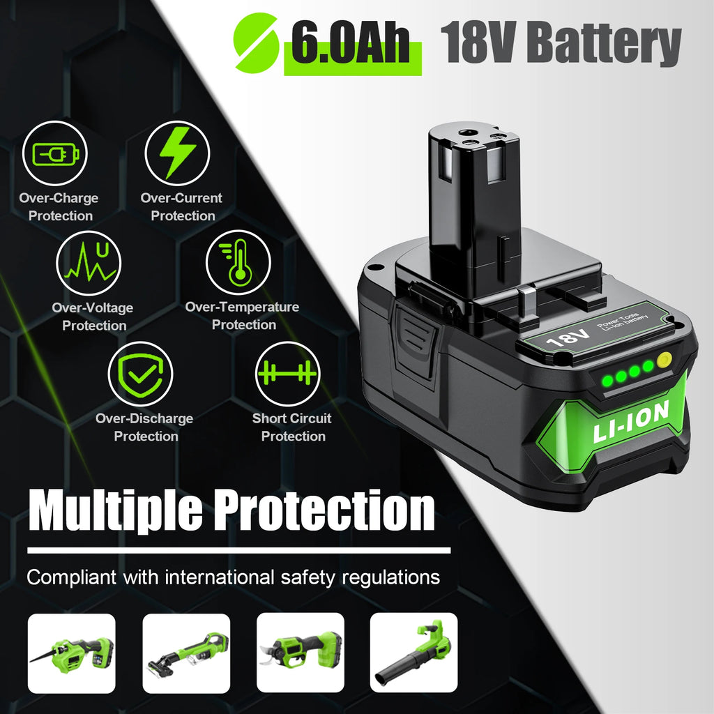 6000mAh For RYOBI 18V Li-Ion Replacement For Ryobi P108 P107 P108 RB18L50 RB18L20 Power Tool Rechargeable Battery And Charger