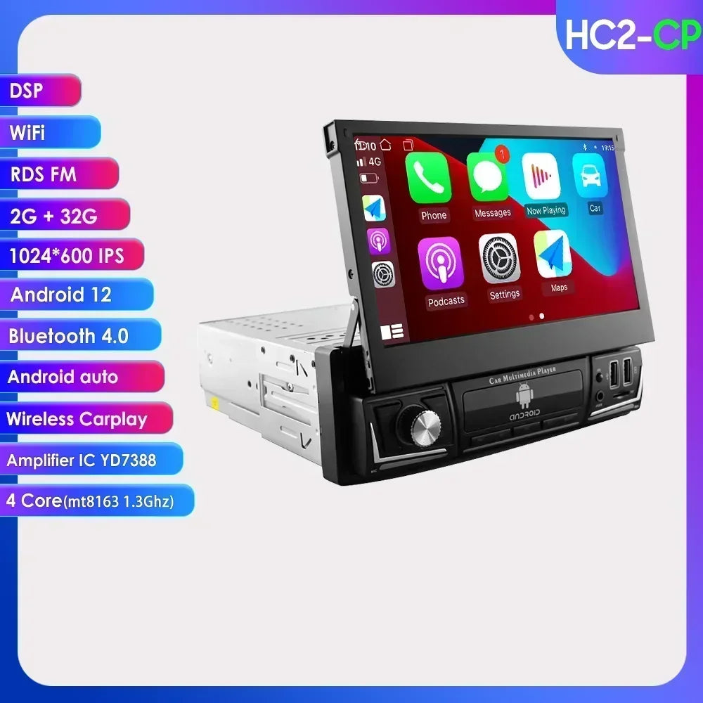 Android 14 Quad Core 2G 32G Single 1 Din Car Autoradio Player Universal Retractable Screen Car Radio WiFi MP5 Car GPS Navigation