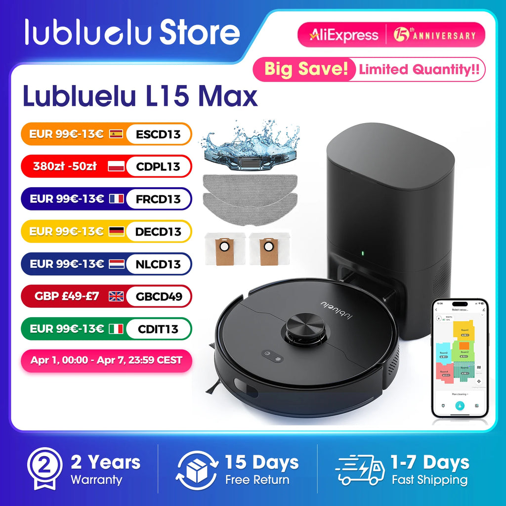 Lubluelu L15 Max  Robot Vacuum Mop Combo 5500Pa Robot Vacuum Auto-Charging  5 Maps 24 No-go Zones 3 In 1 Robot Vacuum Cleaner