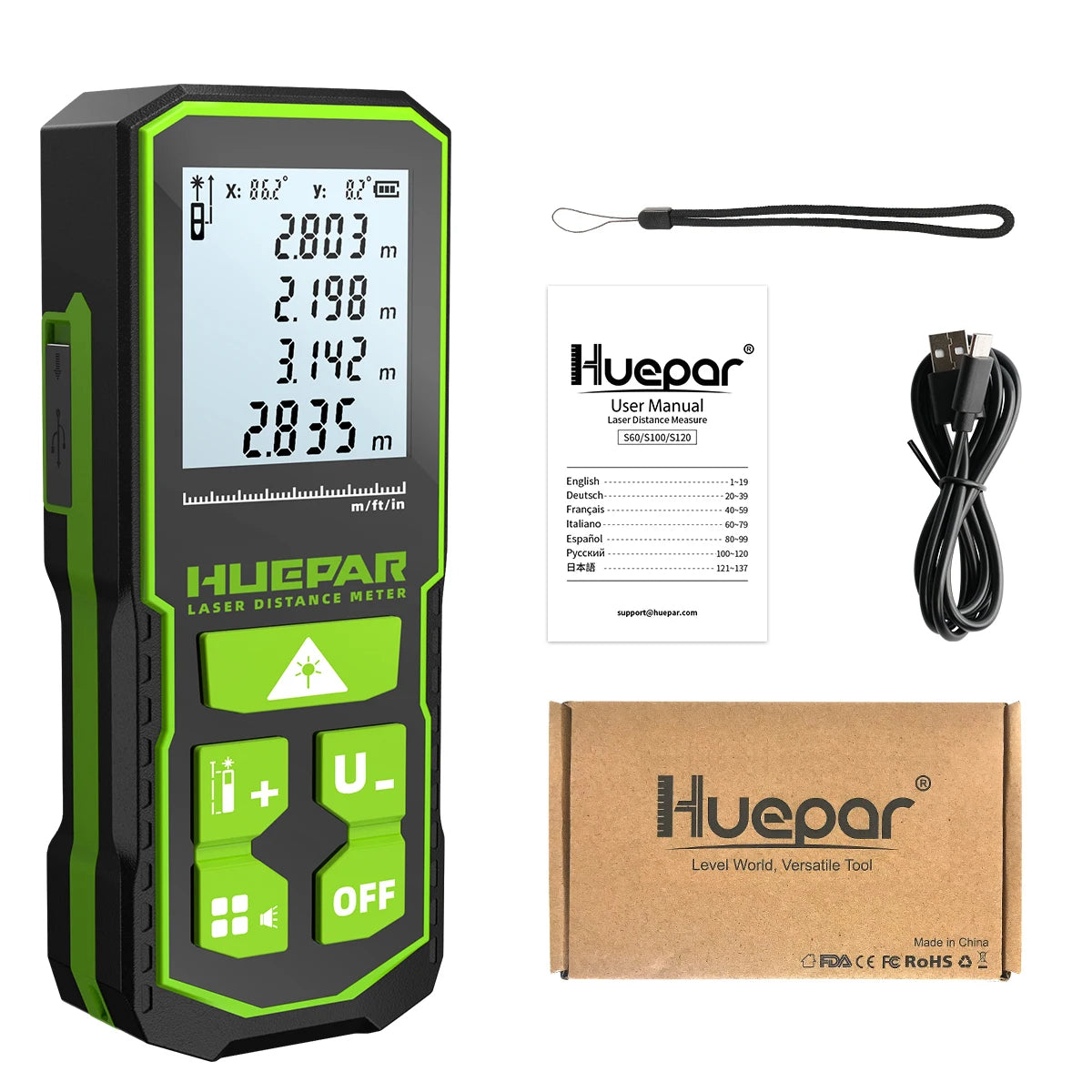 Huepar S60-G Digital Green Laser Distance Meter 60M Laser Tape Measure Rangefinder With LCD Angle Sensor Measuring Tools