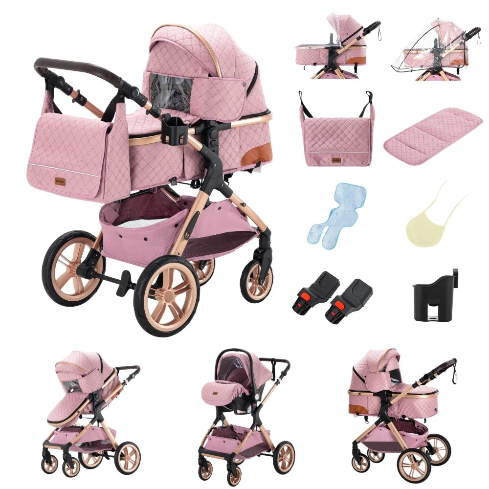 Luxurious Baby Stroller 3 in 1 Portable Travel Baby Carriage Folding Prams High Landscape Aluminum Frame Car for Newborn Baby