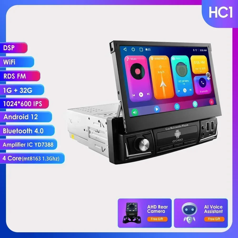 Android 14 Quad Core 2G 32G Single 1 Din Car Autoradio Player Universal Retractable Screen Car Radio WiFi MP5 Car GPS Navigation