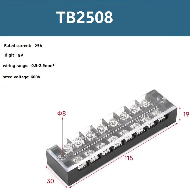 25A 600V Dual Row Barrier Screw Terminal Block Wire Connector TB Series 3 4 5 6 8 10 12 16 20 Positions Ways Factory Wholesale