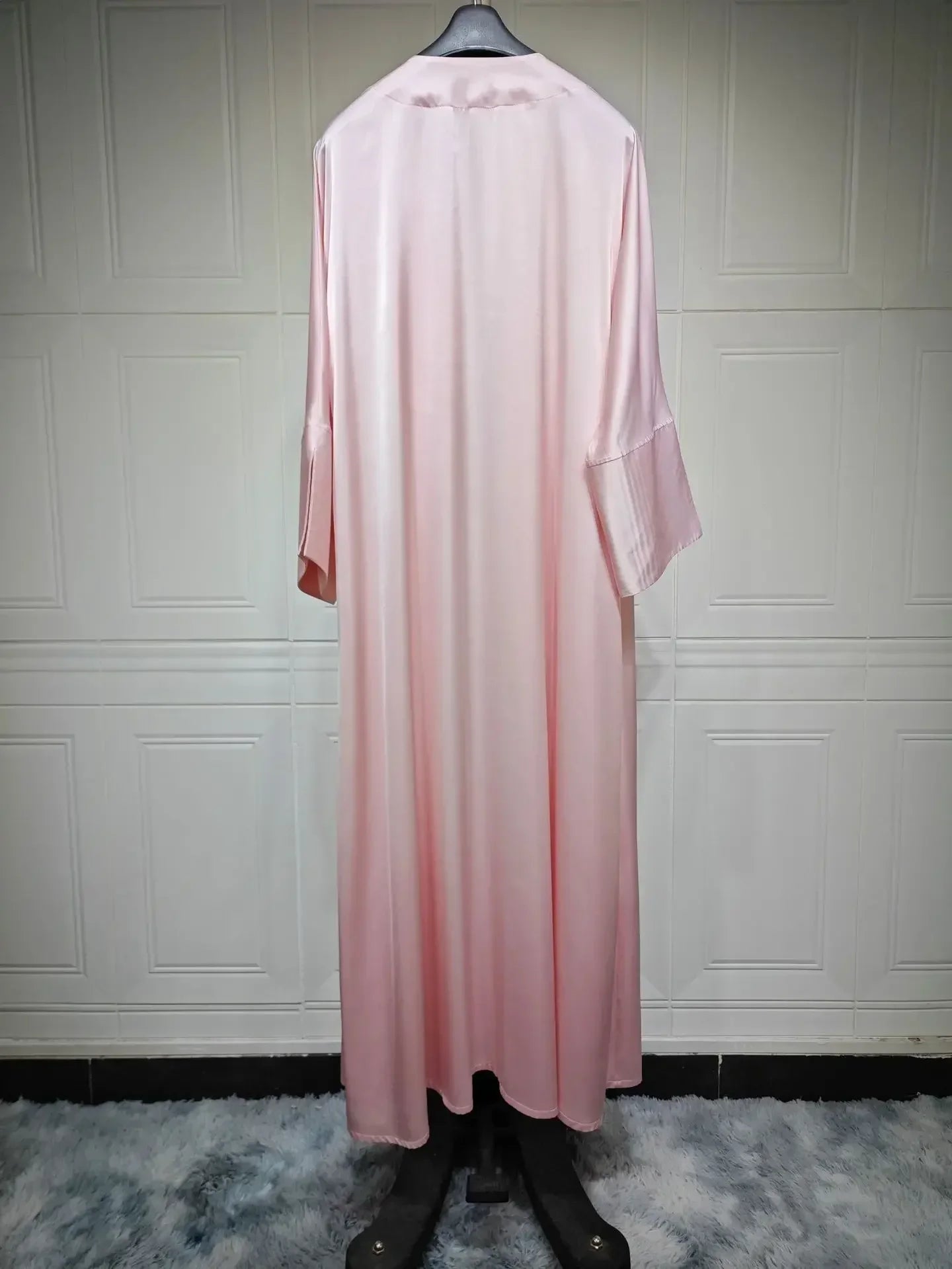 Muslim Women Pink Satin Kimono Abaya Damen Dubai Elegant Luxury Kaftan Modest Dress Islam Caftan Marocain Robe Femme Musulmane