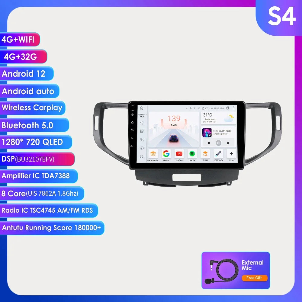 Android 12 for Honda Accord 8 Acura TSX 2008-2012 Auto radio Multimedia Video player GPS navigation Stereo 2din RDS DSP Carplay