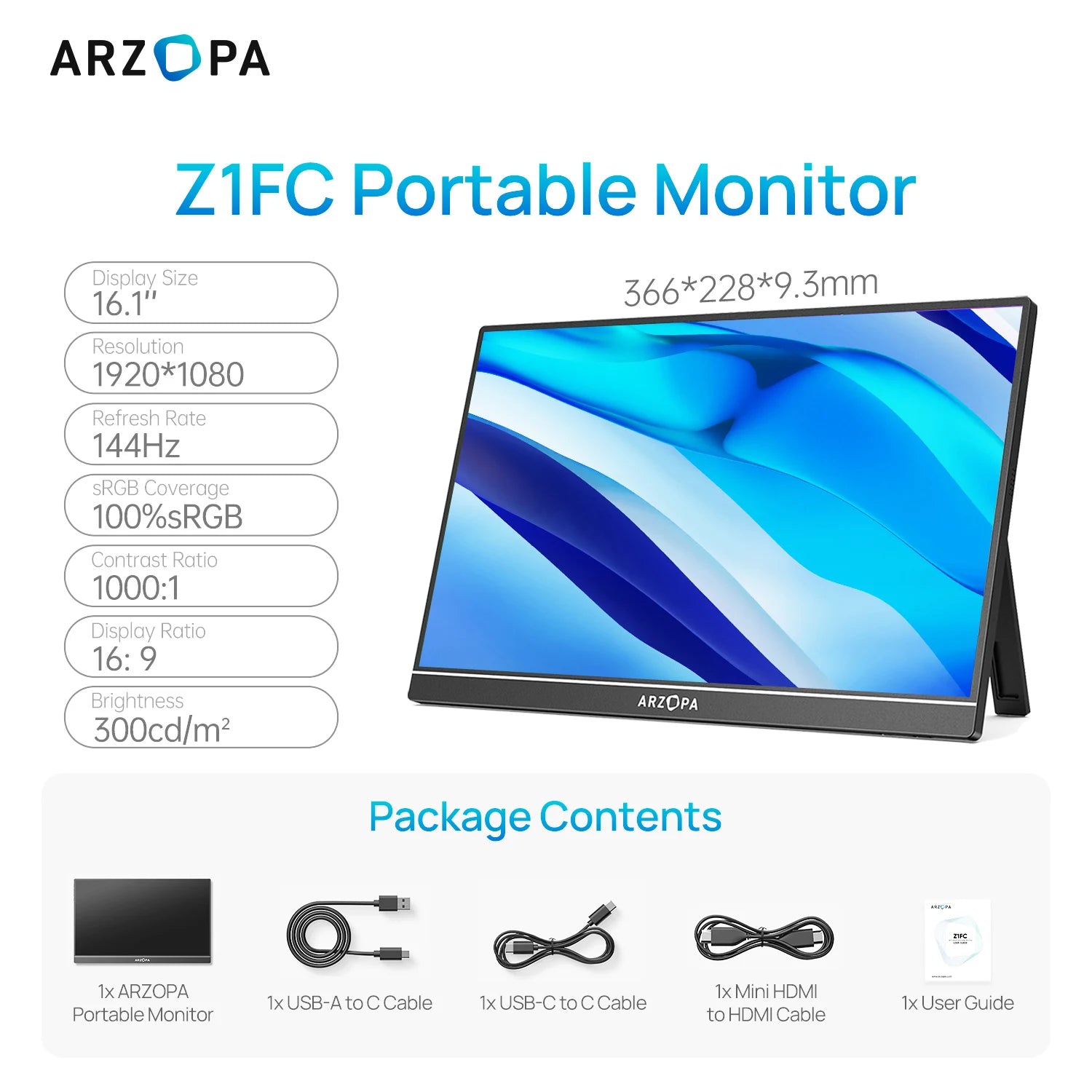 ARZOPA 16.1 inch 100% sRGB 144Hz Portable Monitor Gaming Laptop Display with Type C Mini HDMI For PS/Steam/Deck/Switch/PC/Mac