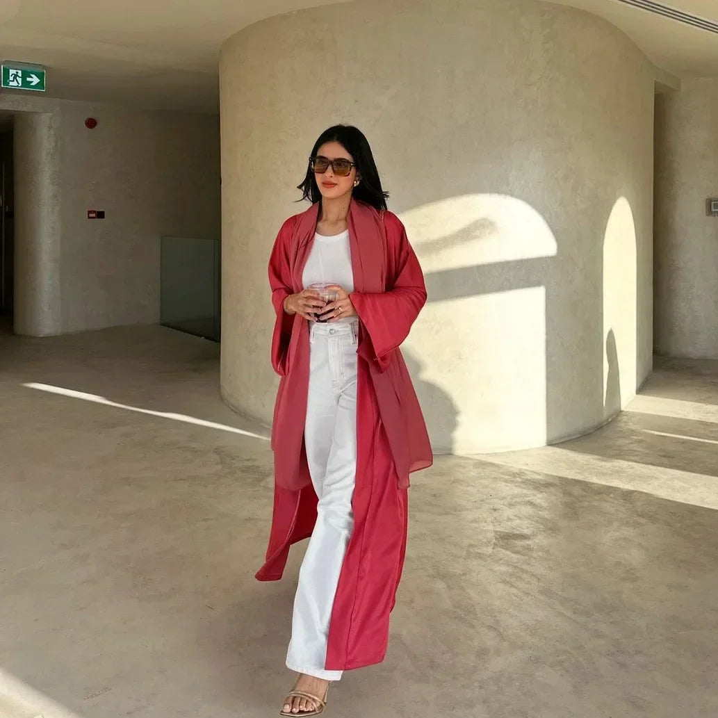 Muslim Women Pink Satin Kimono Abaya Damen Dubai Elegant Luxury Kaftan Modest Dress Islam Caftan Marocain Robe Femme Musulmane