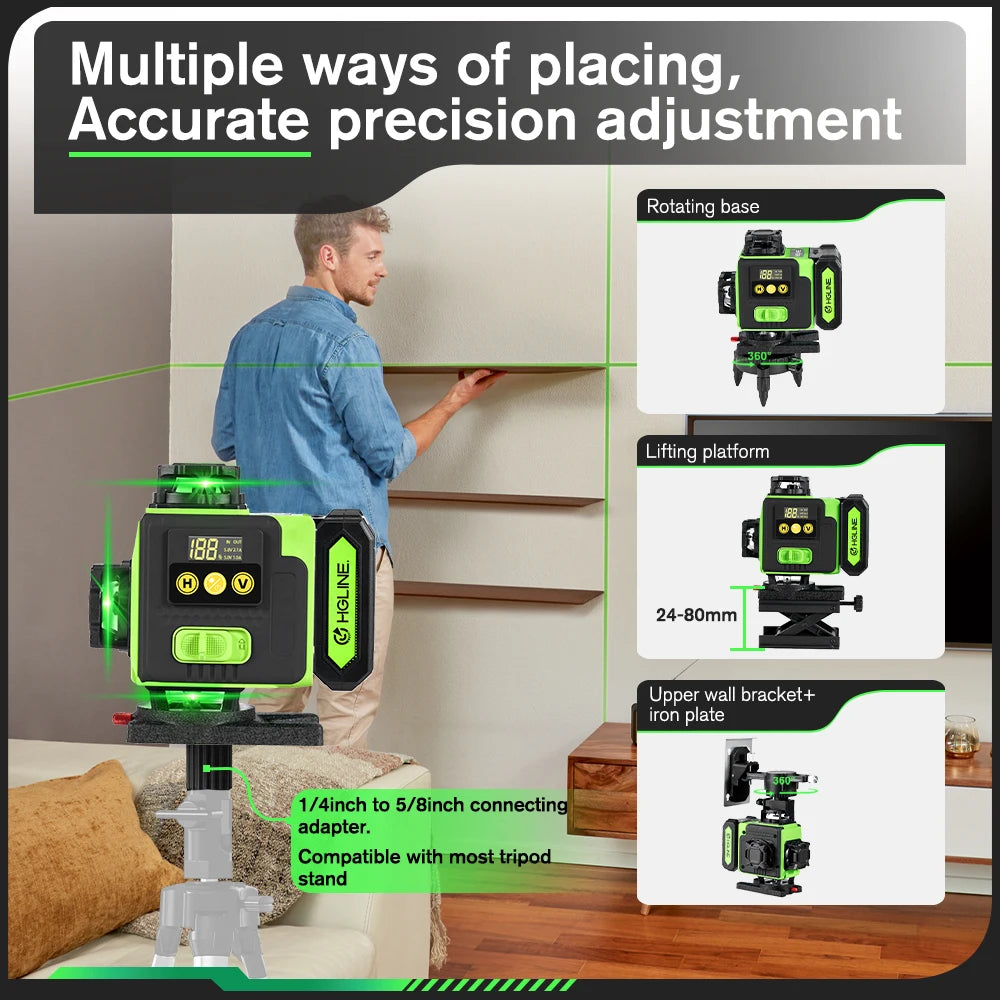HGLINE 16 Lines 4D Laser Level Rotatable Leveling Machine Rechargeable Automatic Leveling Tool 2X6000mAh Battery Set With Tripod