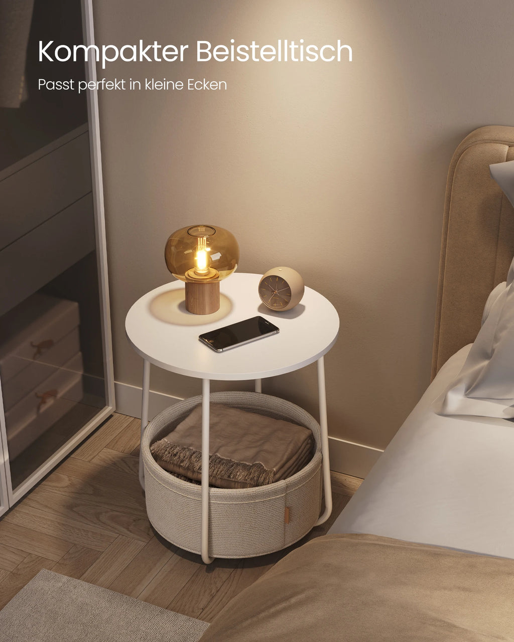 VASAGLE Round Side Table Small Coffee Table Small Living Room Table with Fabric Basket Living Room Storage Space
