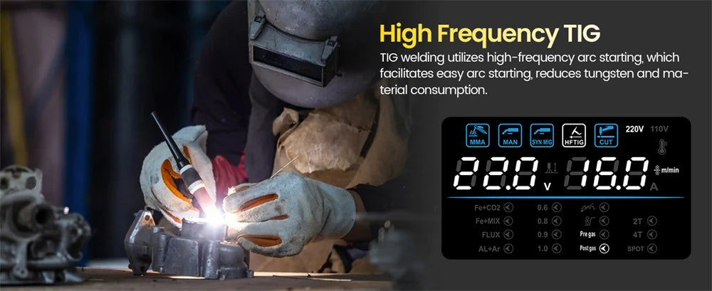 HZXVOGEN HVM270 6 in 1 Aluminum Welding Machine Cut/Gas MIG/Gasless MIG/HF TIG/MMA Digital Screen 2/4T Inverter Welder Stainless