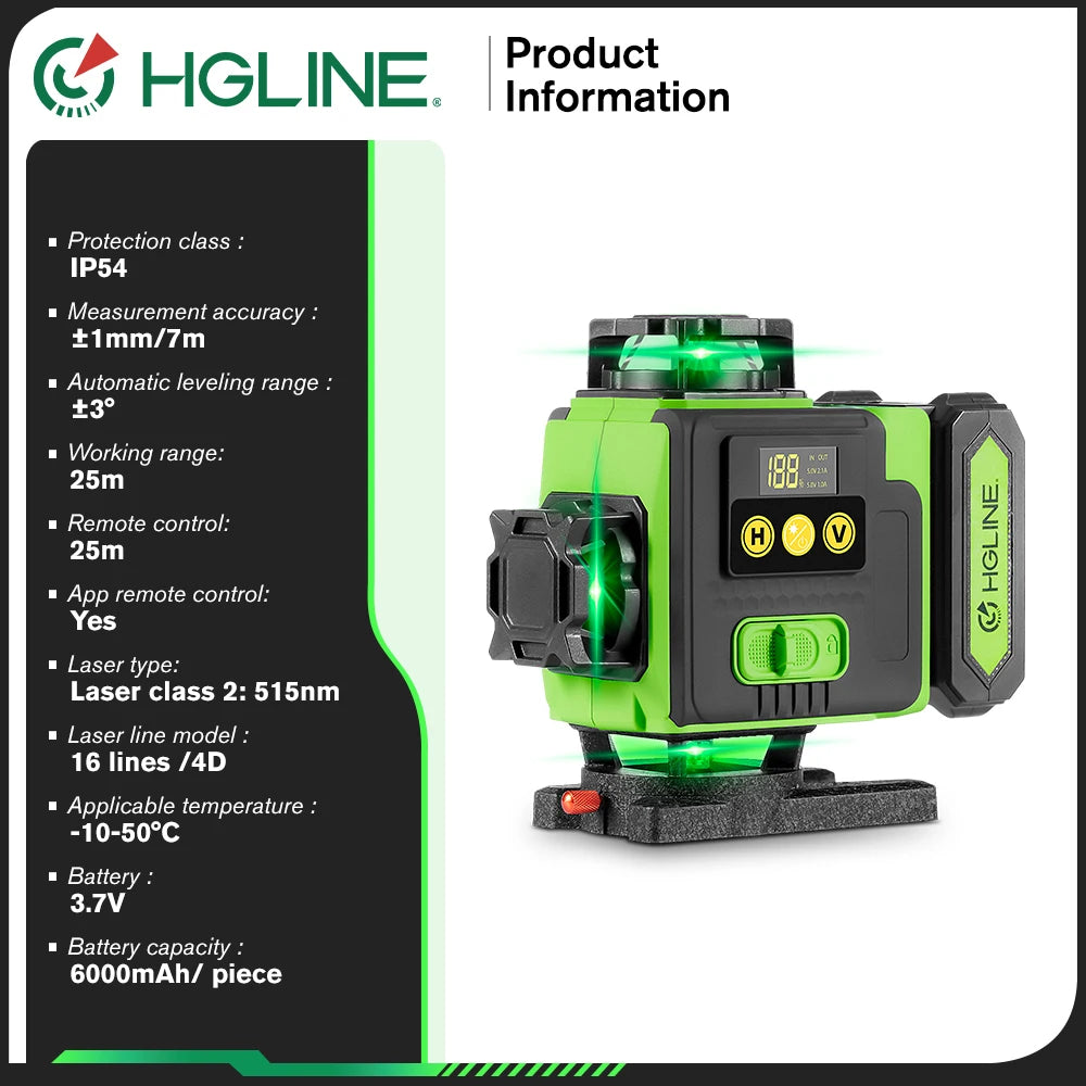 HGLINE 16 Lines 4D Laser Level Rotatable Leveling Machine Rechargeable Automatic Leveling Tool 2X6000mAh Battery Set With Tripod