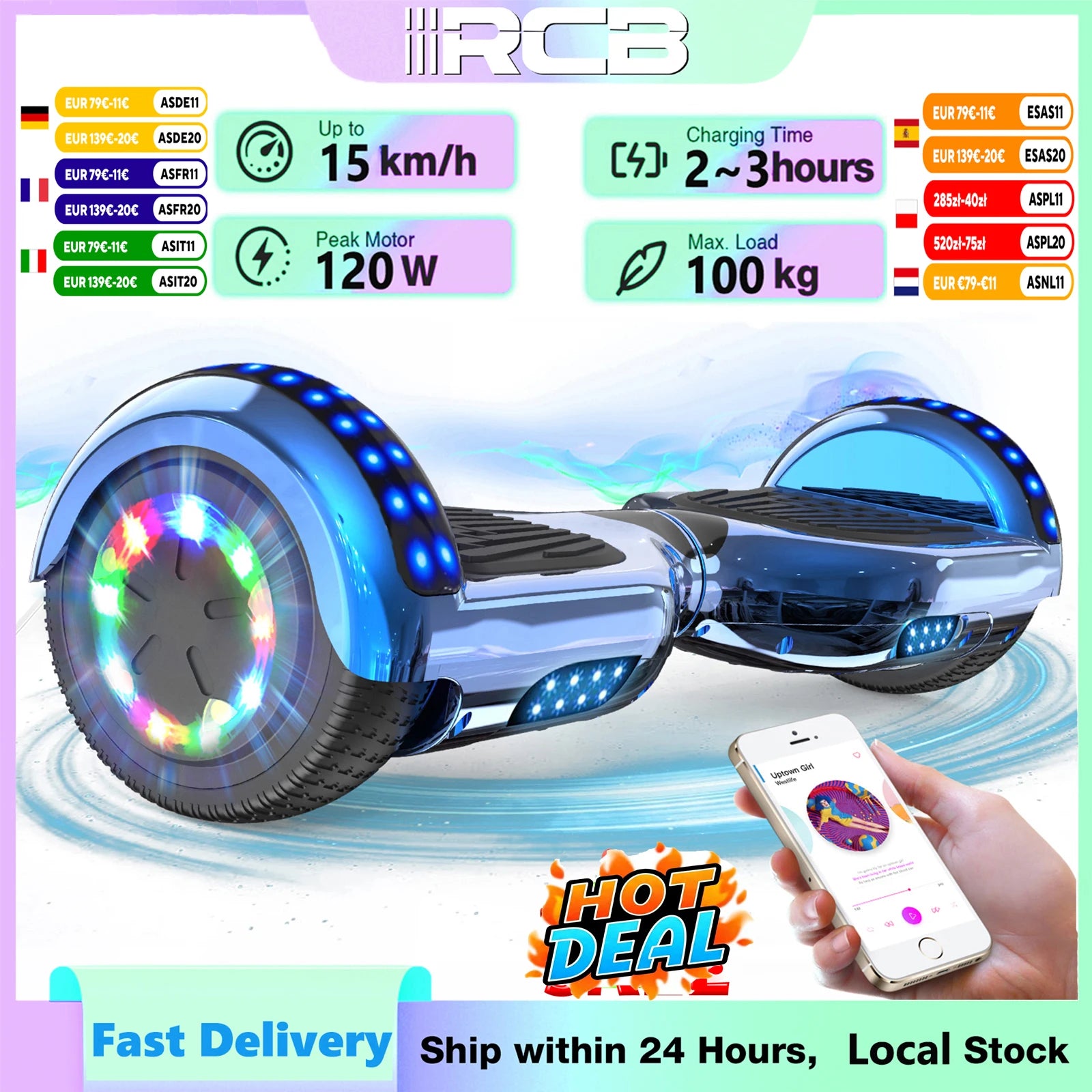 RCB Hoverboard, 6.5 Inch Two Wheel Hoverboard with Bluetooth Speaker with LED Light, Hoverboard Great Gift for Kids and Adults