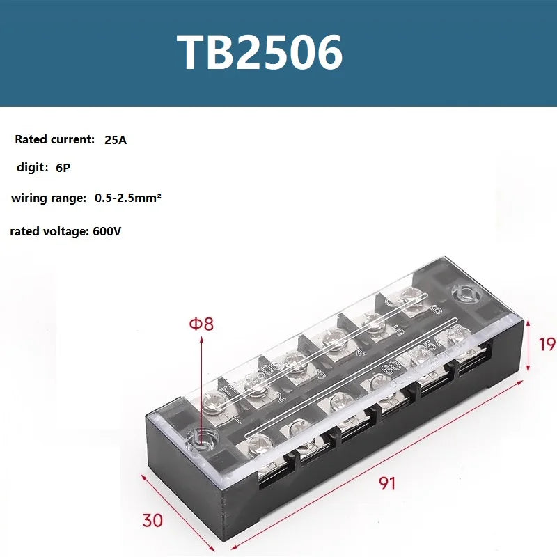25A 600V Dual Row Barrier Screw Terminal Block Wire Connector TB Series 3 4 5 6 8 10 12 16 20 Positions Ways Factory Wholesale