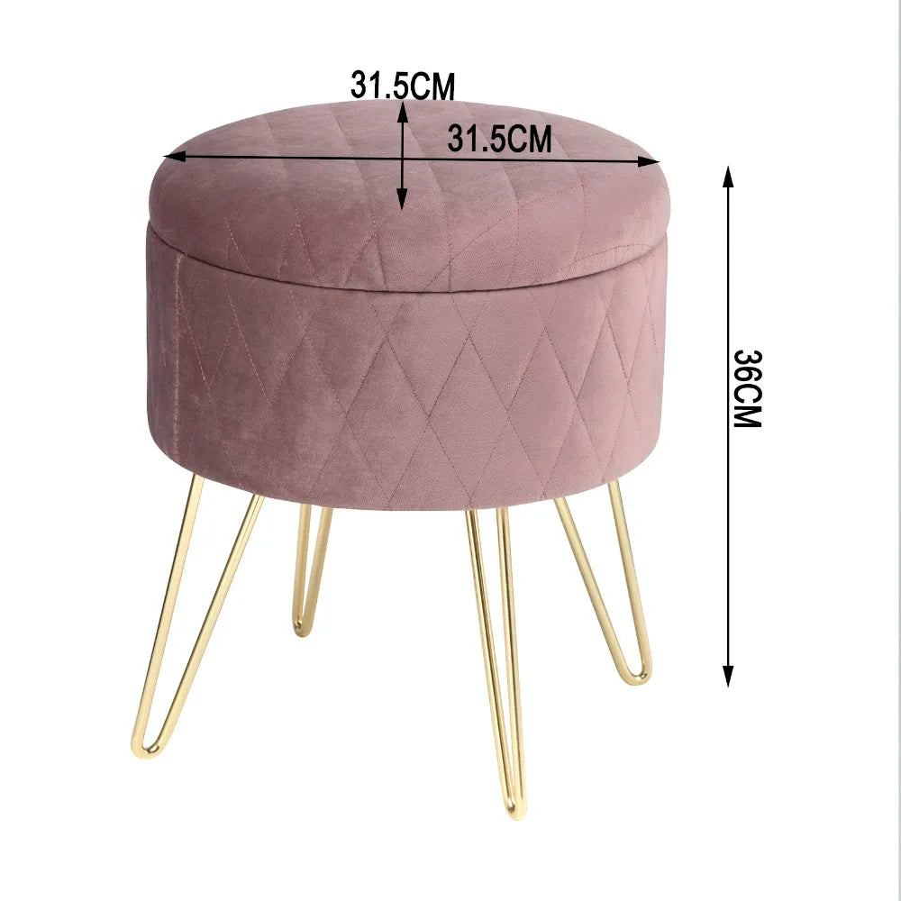 WOLTU 1PC Ottoman Stool Gold Metal Feet Footstool Velvet Round Puff Storage Seat with Lid Storage Box for Sofa Bedroom Room