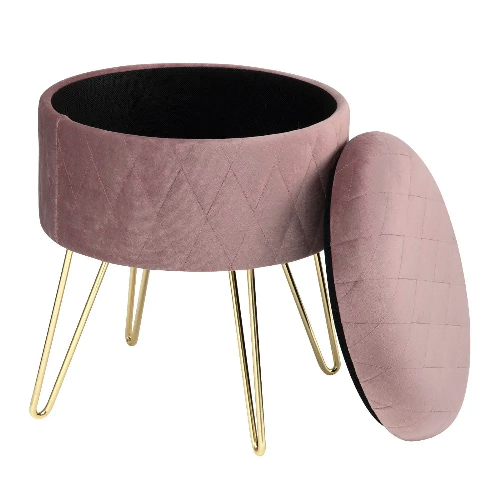 WOLTU 1PC Ottoman Stool Gold Metal Feet Footstool Velvet Round Puff Storage Seat with Lid Storage Box for Sofa Bedroom Room