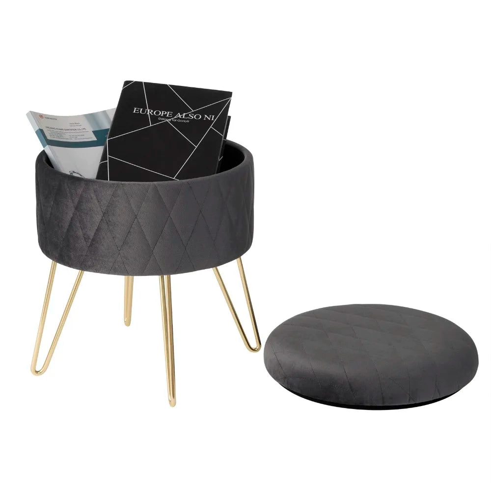 WOLTU 1PC Ottoman Stool Gold Metal Feet Footstool Velvet Round Puff Storage Seat with Lid Storage Box for Sofa Bedroom Room