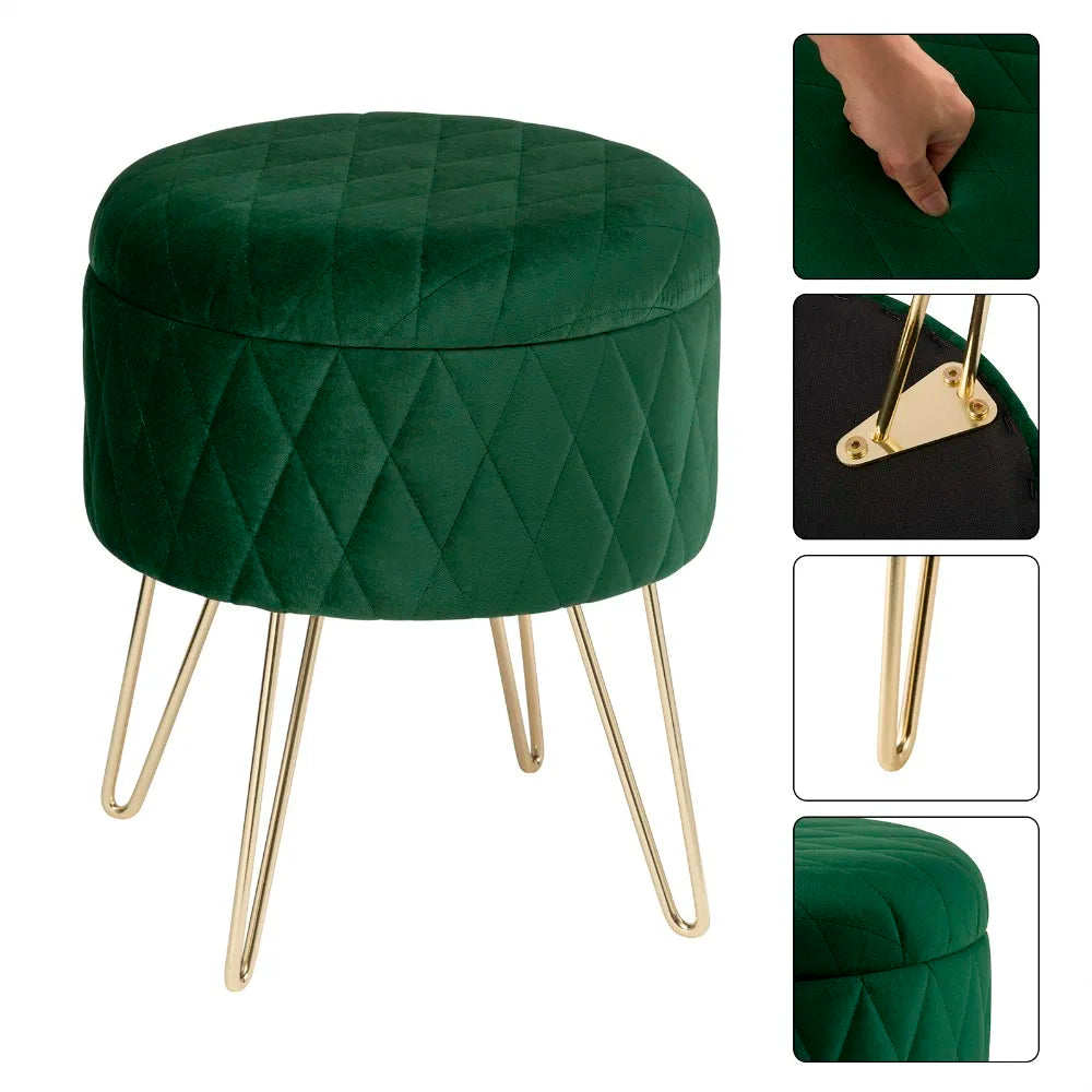 WOLTU 1PC Ottoman Stool Gold Metal Feet Footstool Velvet Round Puff Storage Seat with Lid Storage Box for Sofa Bedroom Room