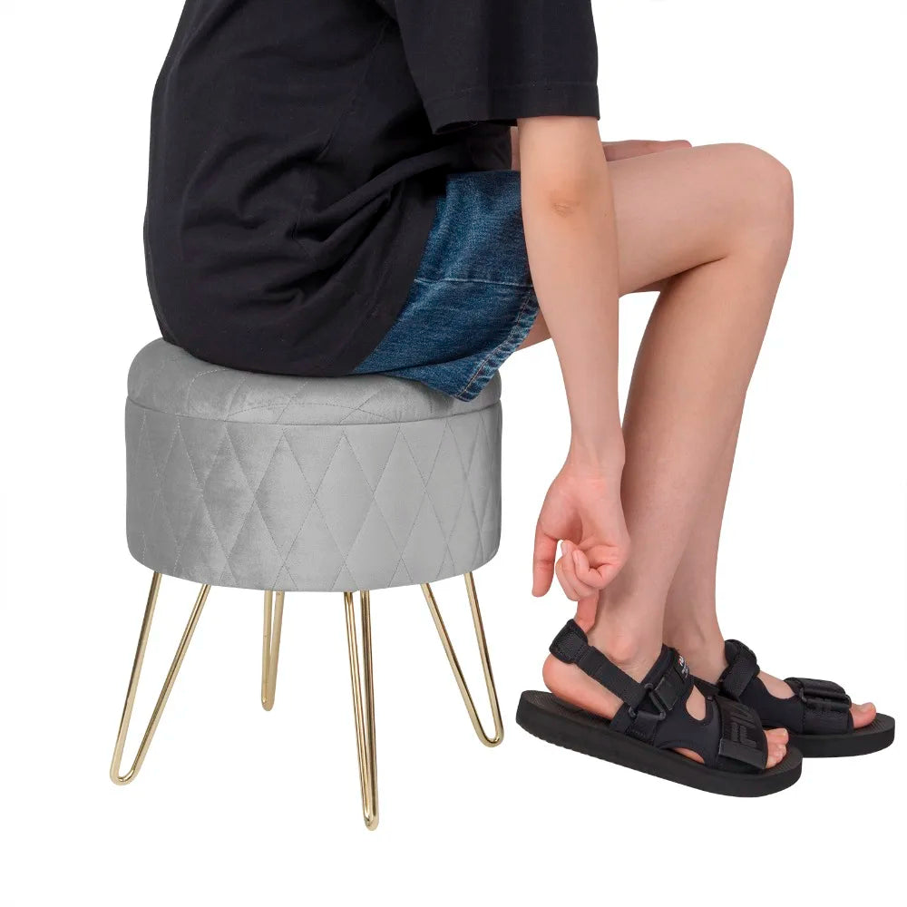 WOLTU 1PC Ottoman Stool Gold Metal Feet Footstool Velvet Round Puff Storage Seat with Lid Storage Box for Sofa Bedroom Room