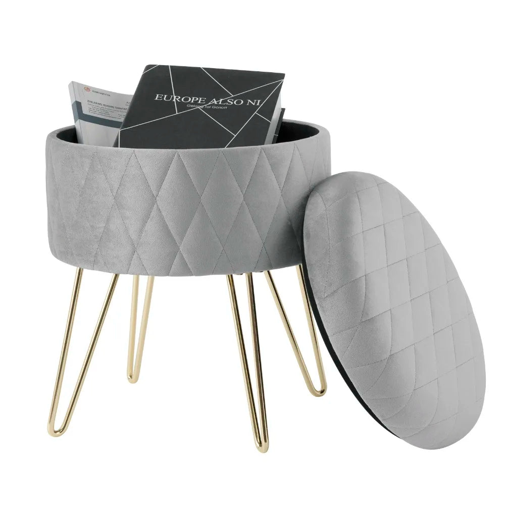 WOLTU 1PC Ottoman Stool Gold Metal Feet Footstool Velvet Round Puff Storage Seat with Lid Storage Box for Sofa Bedroom Room