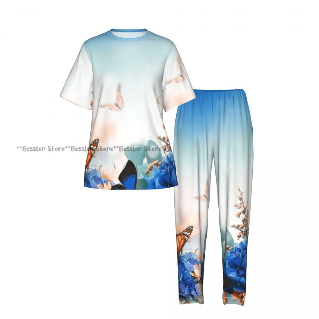 Women's Pajama Set Blue Hydrangeas And Daisies Floral Butterflies Short Sleeve Sleepwear 2 Piece Homewear Loungewear