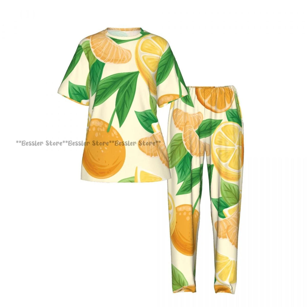 Women's Comfort Pajamas Women's Lemon Leaves Pattern Short Sleeve Set Sleepwear