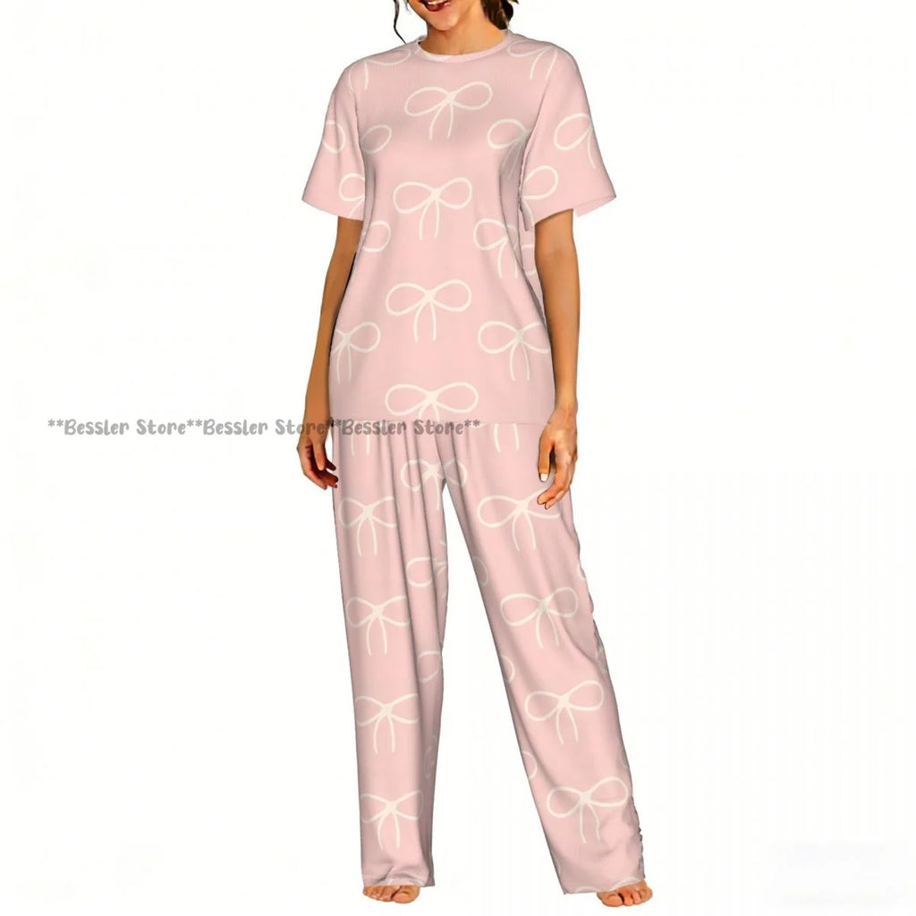 Women's Comfort Pajamas Women's Ribbon Bows Pattern Short Sleeve Set Sleepwear
