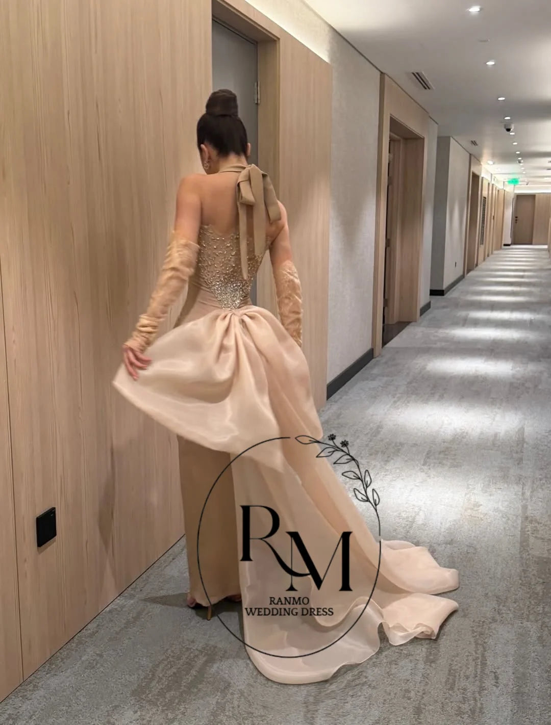 Ranmo Elegant Vintage Sweet Champagne Crystal Mermaid Bow Backless New Customize Formal Occasion Prom Dress Evening Party Gowns