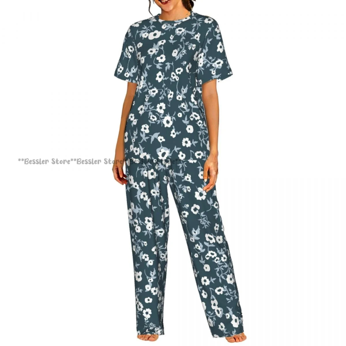 Women's Pajama Set Blue Hydrangeas And Daisies Floral Butterflies Short Sleeve Sleepwear 2 Piece Homewear Loungewear