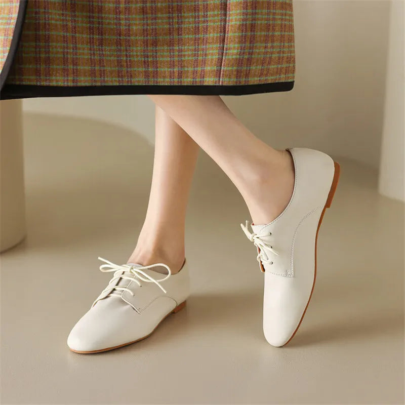 2023 Spring New Cow Leather Women Shoes Fashion Lace-Up Oxford Shoes Round Toe Soft Low Heel Shoes Woman Zapatos De Mujer Pumps