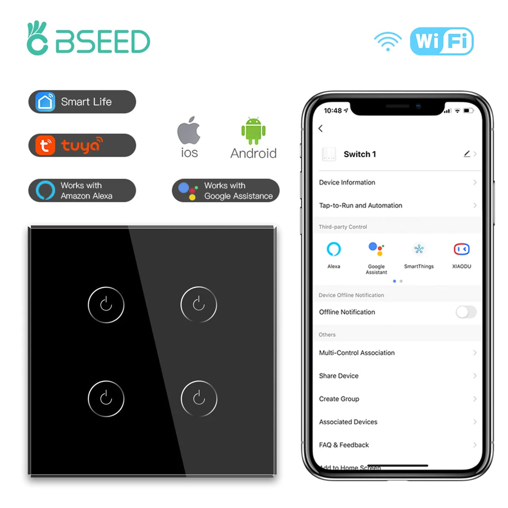 BSEED Wifi Light Touch Switch 1/2/3Gang 1/2/3 Way Smart Switch Wireless Wifi Roller Shutter Switch Support For Tuya Smart Home