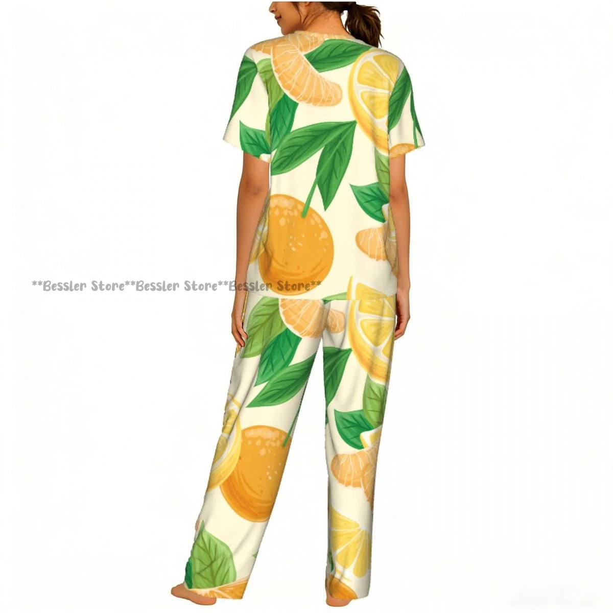 Women's Comfort Pajamas Women's Lemon Leaves Pattern Short Sleeve Set Sleepwear