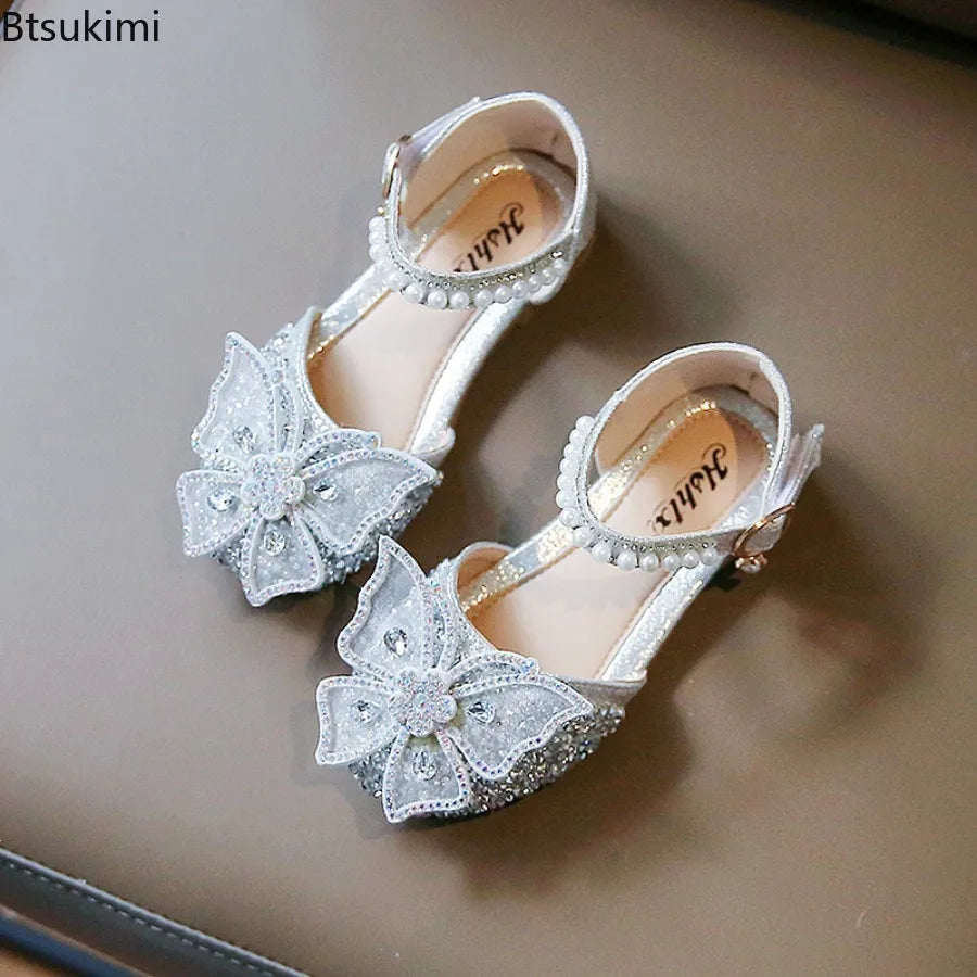 Girls Sequin Lace Bow Kids Shoes Girls Cute Pearl Princess Dance Single Casual Shoes 2026 New Children's Party Wedding Shoes