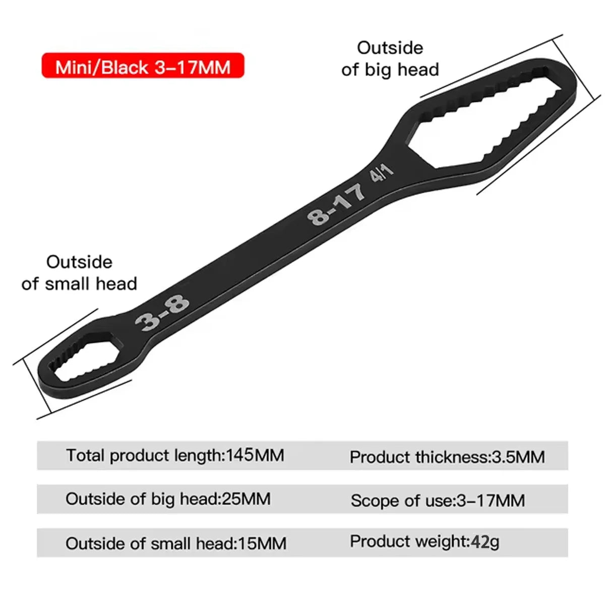3 to 17 Double-Ended Box Wrench, Hexagon Solid Wrench, Repair Tool for Screws and Nuts, Black, Multifunctional, Various Diameters